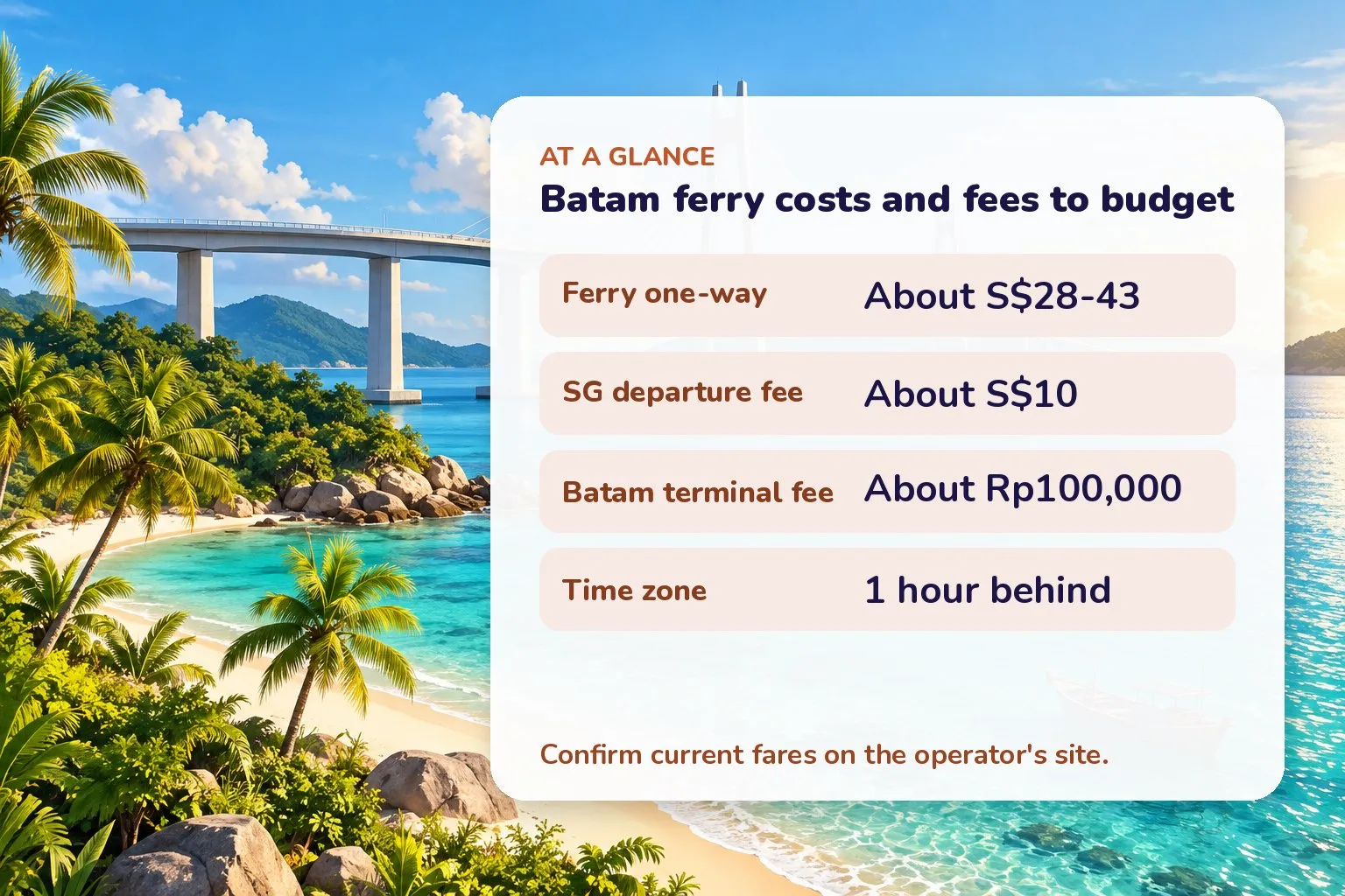 Card of Batam ferry costs: one-way about S$28-43, Singapore departure fee about S$10, Batam terminal fee about Rp100,000, Batam one hour behind Singapore