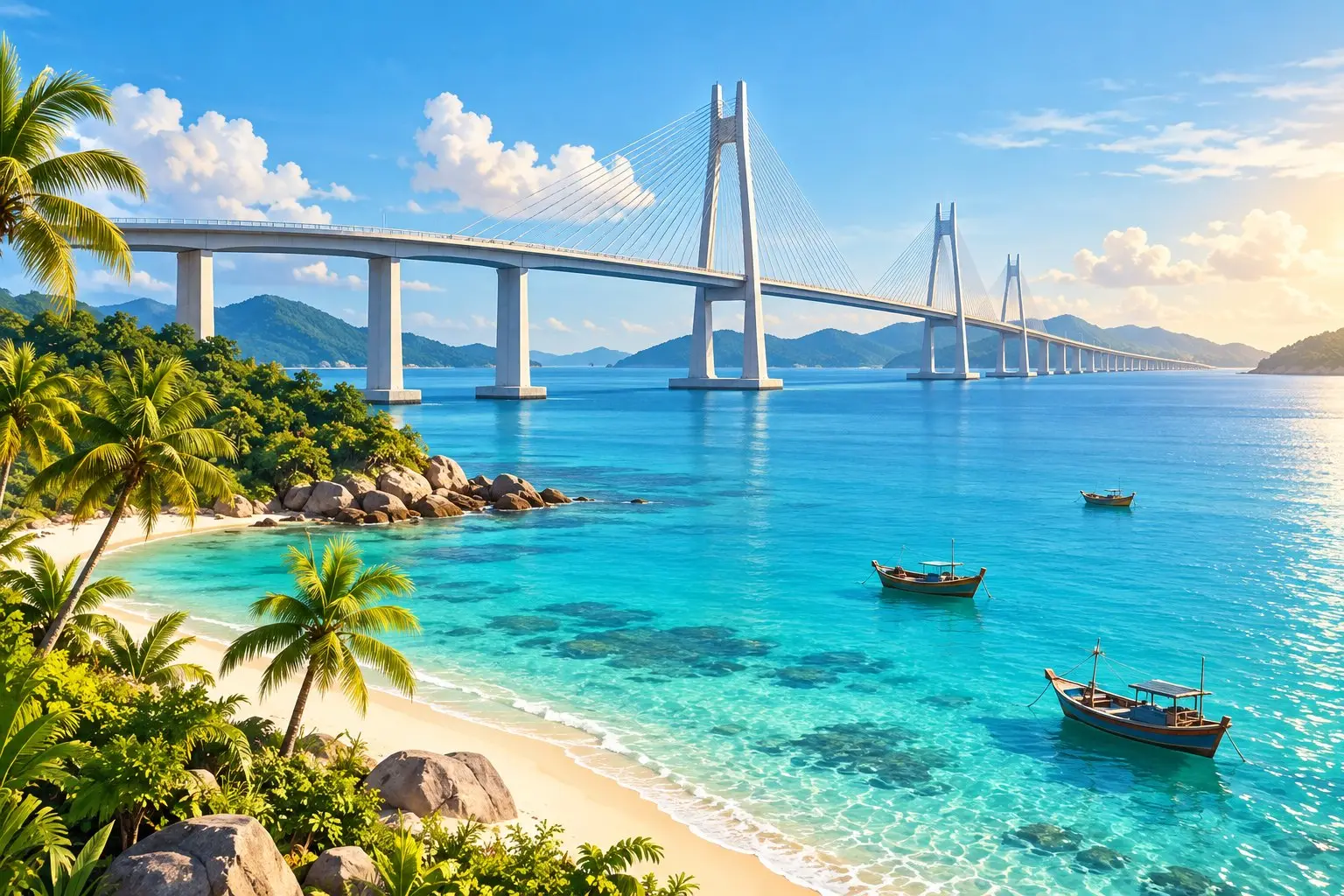 A long cable-stayed bridge over turquoise water beside a palm-lined tropical coast