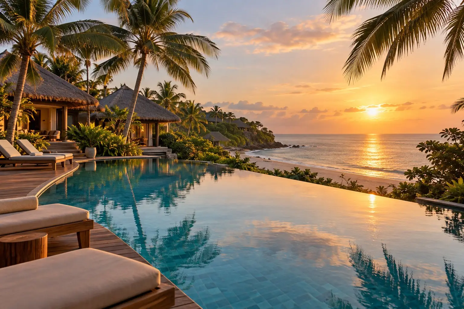 A quiet tropical resort pool fringed by palms with villa rooftops behind