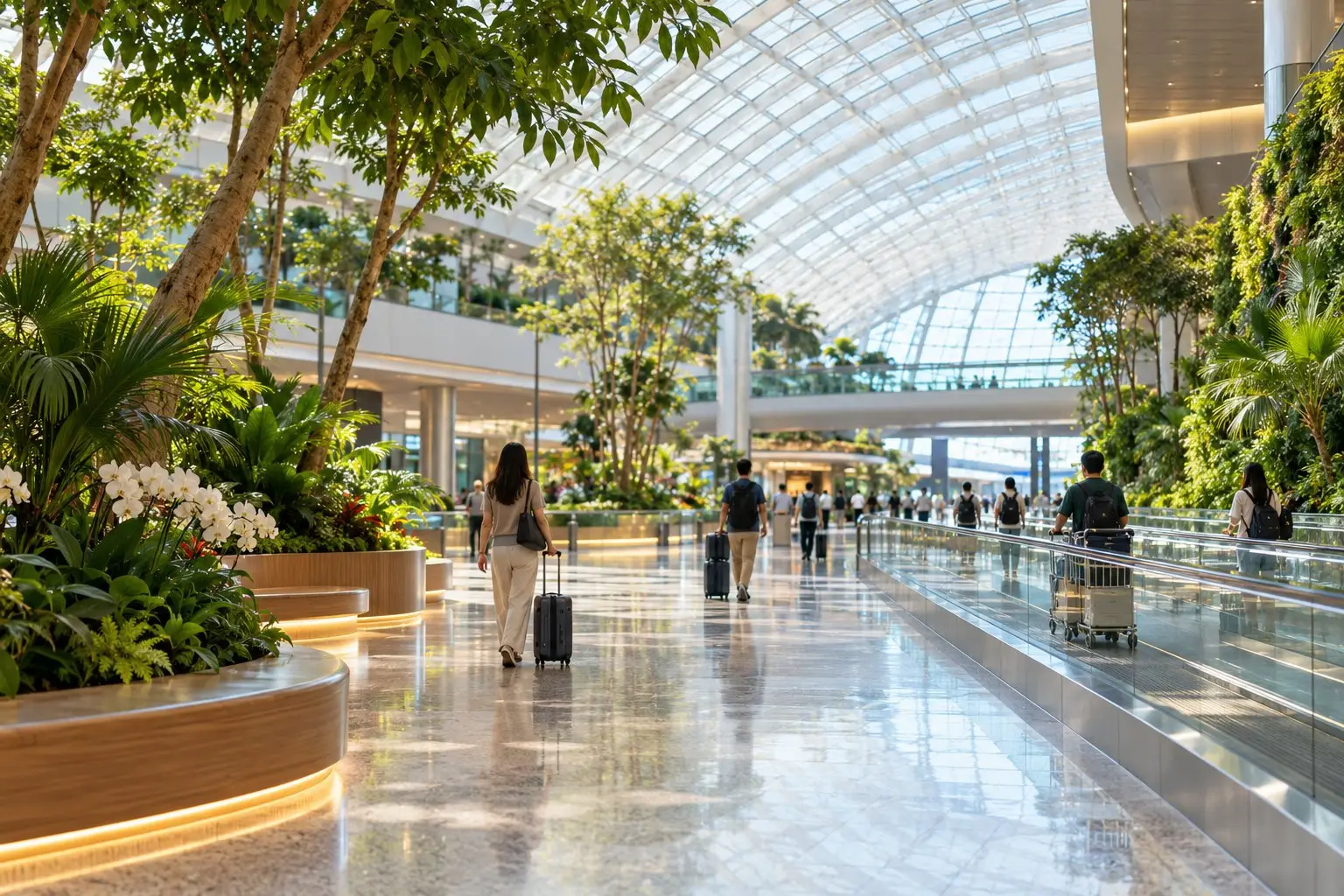 Travellers walking through a bright, plant-filled Changi Airport terminal concourse with high glass ceilings