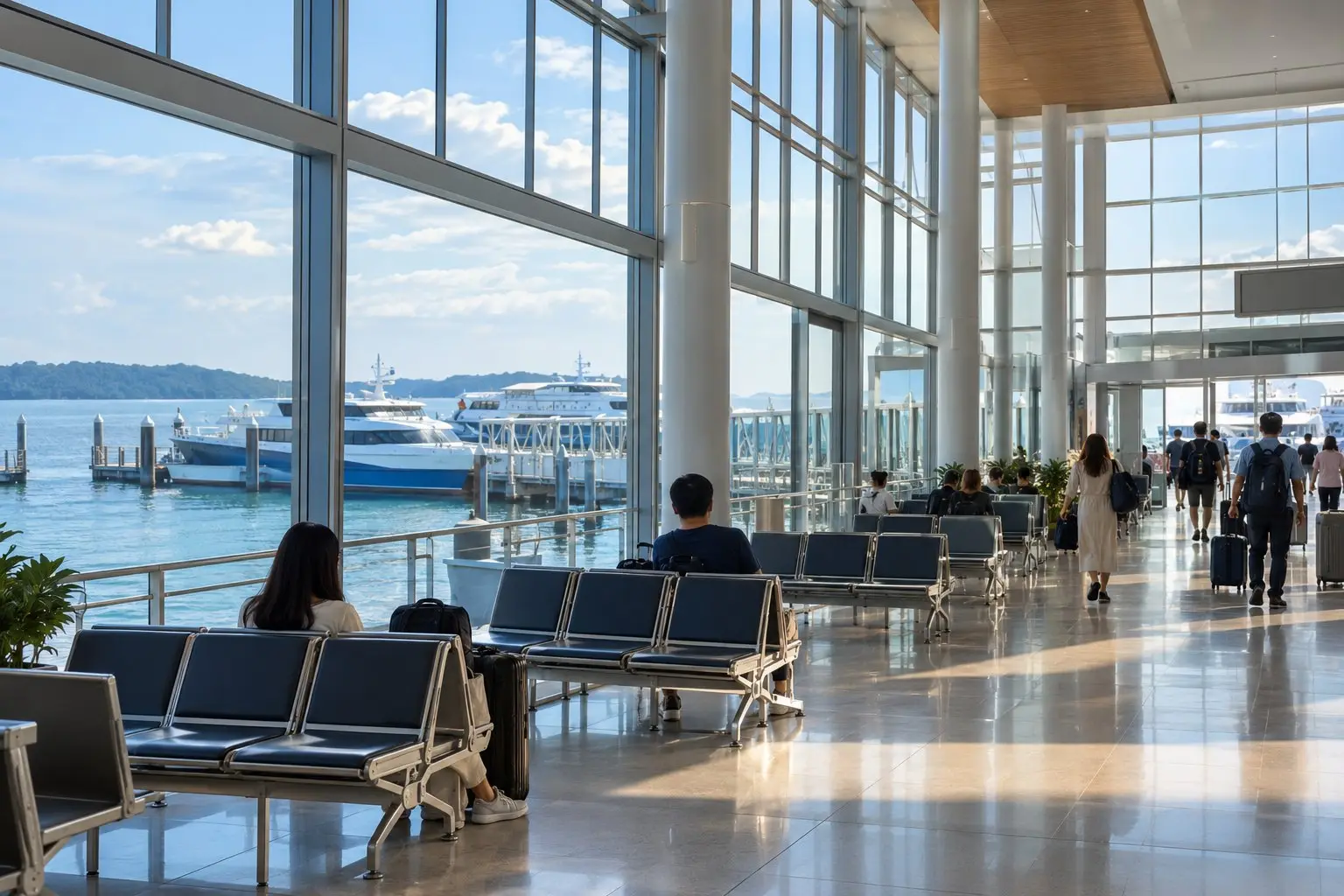 A bright modern ferry terminal interior overlooking boats and sea