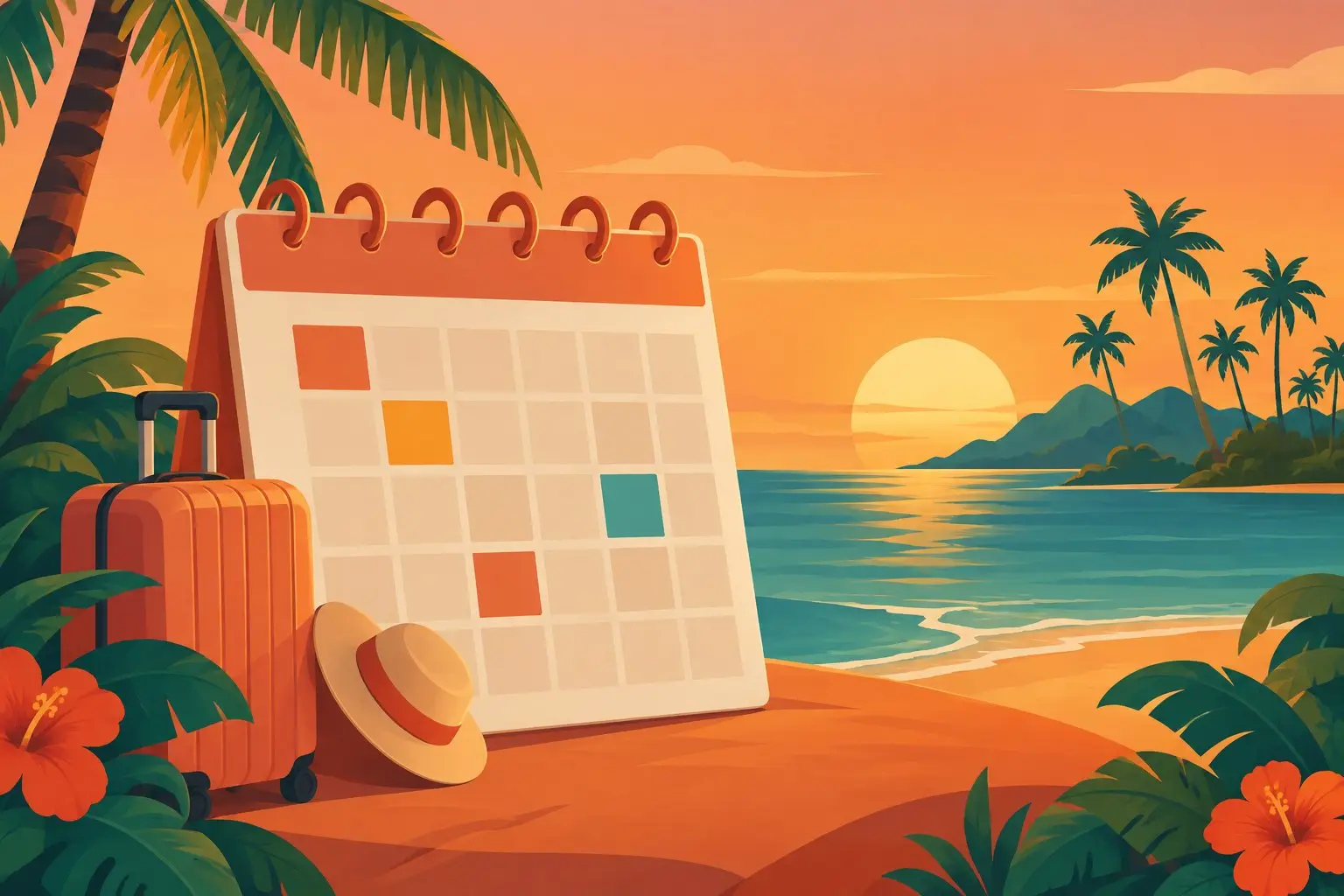 A flat illustration of a calendar, a suitcase and tropical island motifs in warm sunset colours