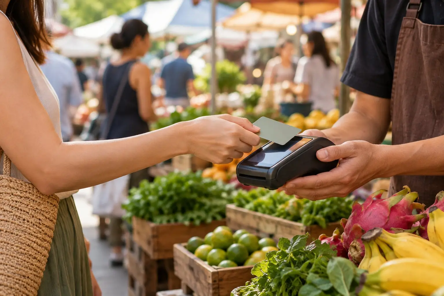 A hand tapping a contactless card on a payment terminal at a market stall