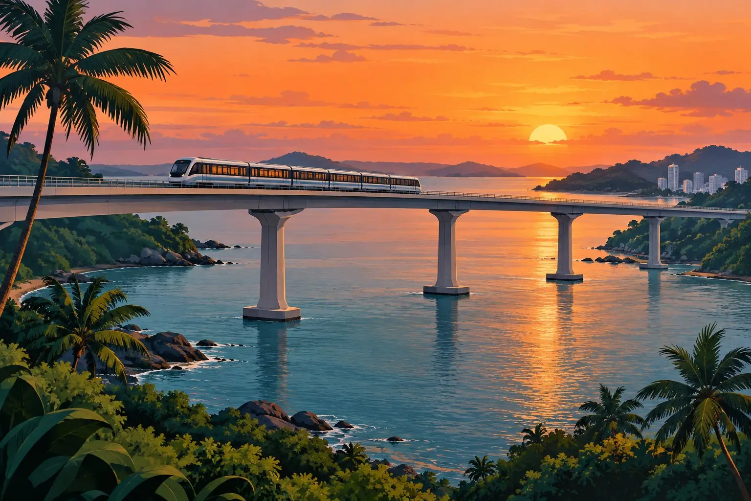 An elevated light-rail viaduct crossing a narrow sea strait between two coastlines at dusk