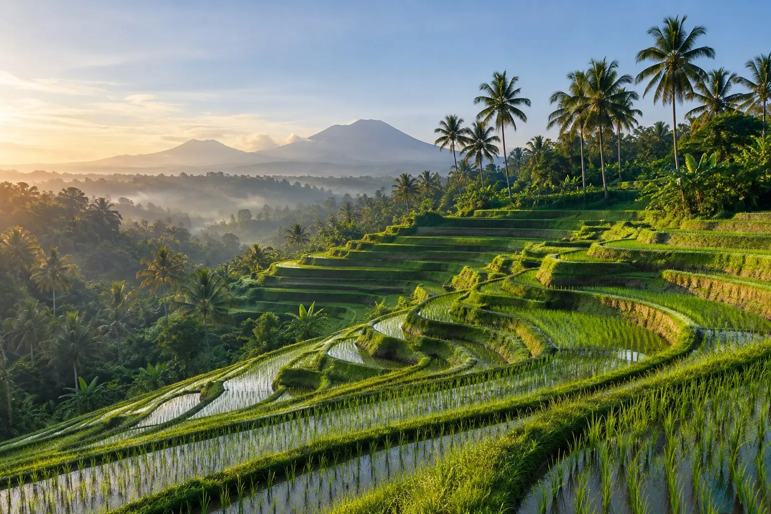 Terraced green rice paddies on a hillside under soft morning light in Bali