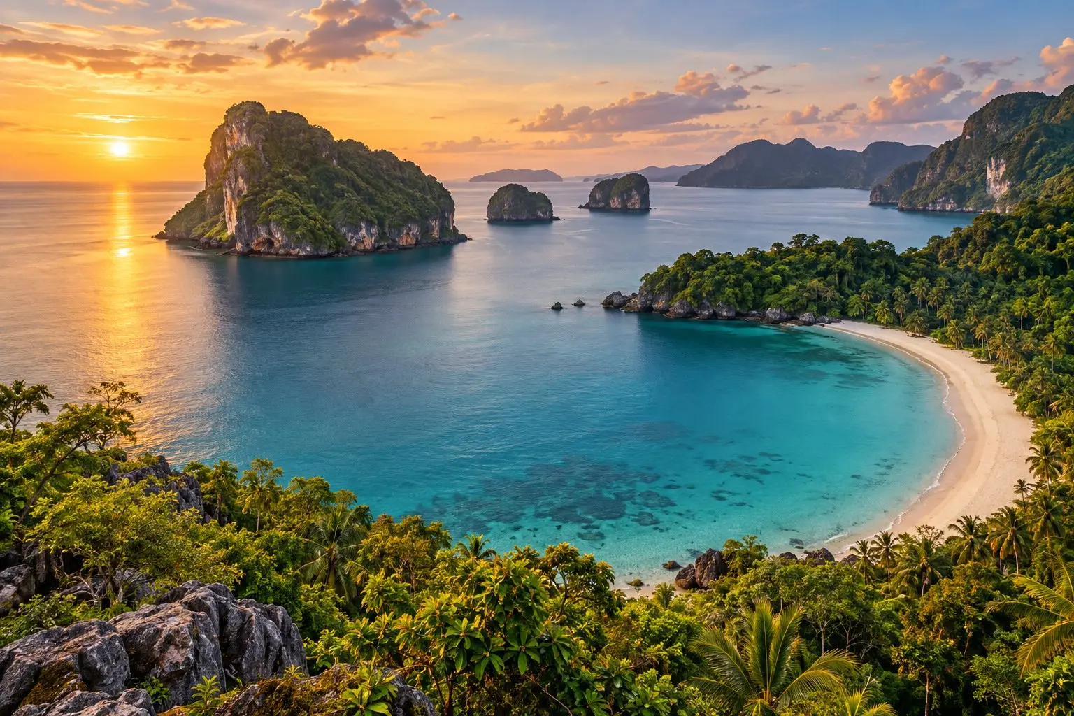 An Andaman Sea bay with limestone islets seen from a Phuket headland at golden hour