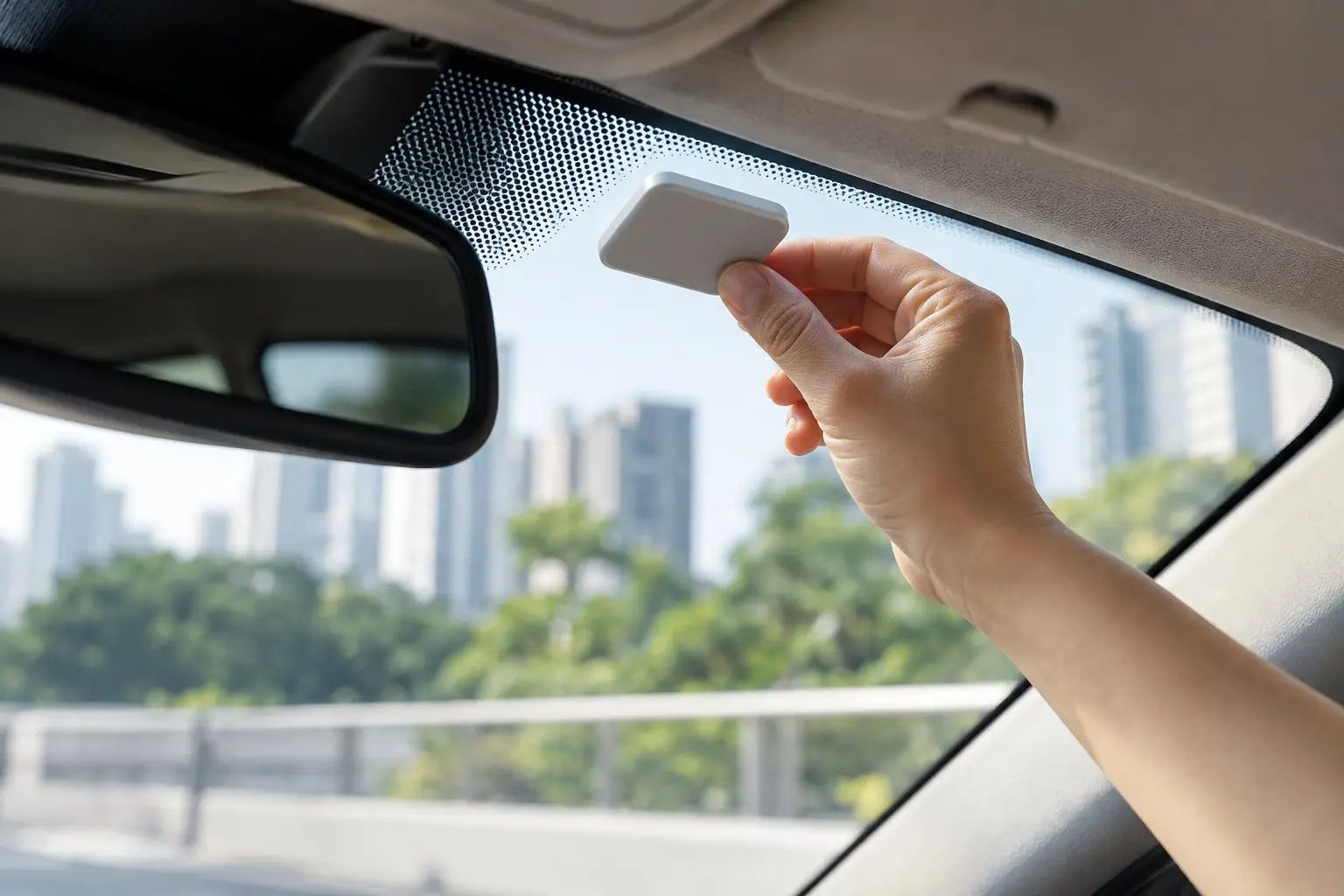 A hand fitting a small electronic tag to the inside of a car windscreen