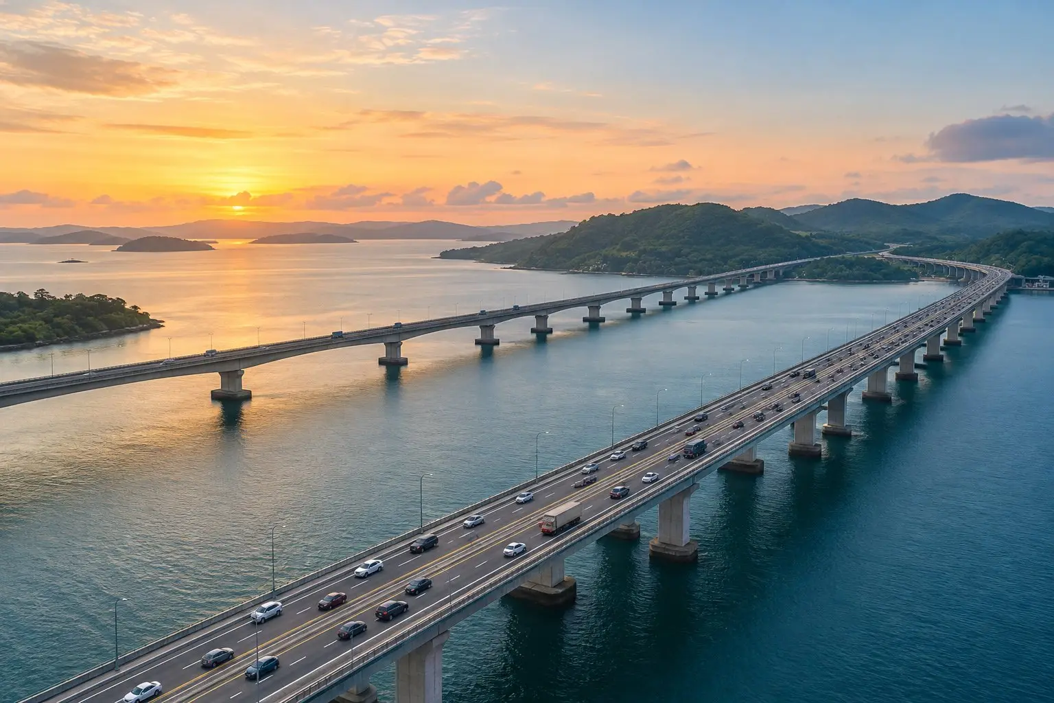 A long road bridge crossing a calm strait toward low hills at dawn
